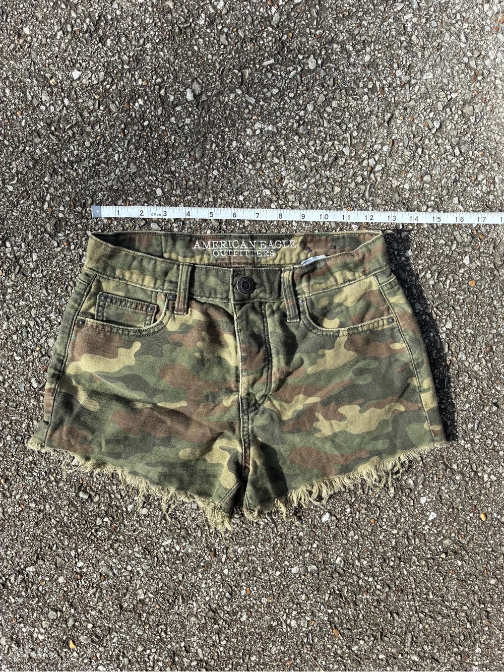American Eagle Outfitters Green Camo Frayed Hem Jean Shorts